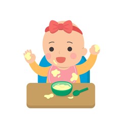 Cute baby eating, dirty, daily life, cartoon vector illustration, set, isolated