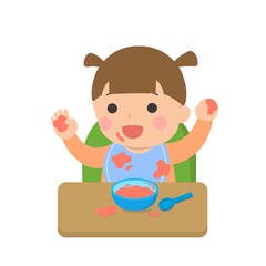 Cute baby eating, dirty, daily life, cartoon vector illustration, set, isolated