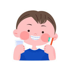 Happy smiling little boy with dental braces holding Toothbrush. Hand drawn cute cartoon character portrait vector illustration