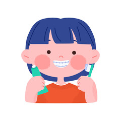 Happy smiling little girl with dental braces holding Toothbrush. Hand drawn cute cartoon character portrait vector illustration