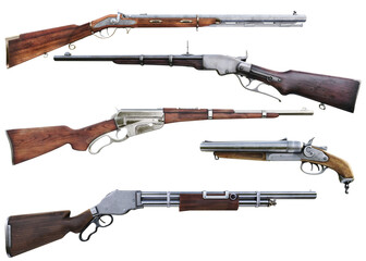 Western cowboy rifle and shotgun booster pack 2 collection of assorted weapons on an isolated white background . 3d rendering
