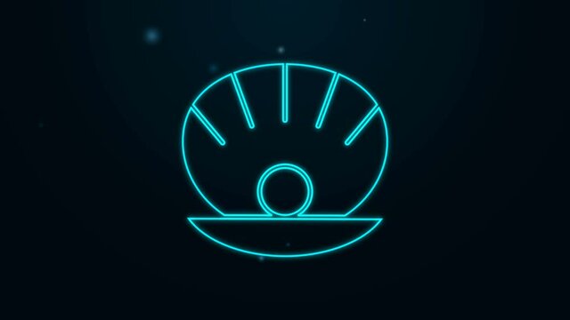 Glowing neon line Natural open shell with pearl icon isolated on black background. Scallop sea shell. Seashell sign. 4K Video motion graphic animation