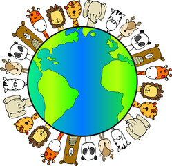 Naklejka premium vector cartoon zoo animals on earth