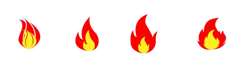 illustration set of fire flames icons on white background.