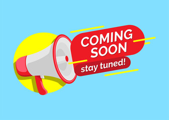 modern red and yellow banner ribbon coming soon stay tuned with megaphone web element flat design vector illustration
