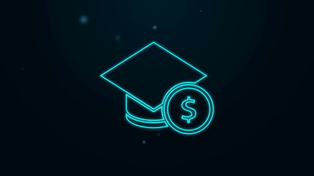 Glowing neon line Graduation cap and coin icon isolated on black background. Education and money. Concept of scholarship cost or loan, tuition or study fee. 4K Video motion graphic animation