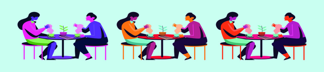 Loving couple is drinking coffee in a cafe. A man and a woman are sitting at a table in a cozy restaurant. Vector illustration in a flat style isolated on blue background