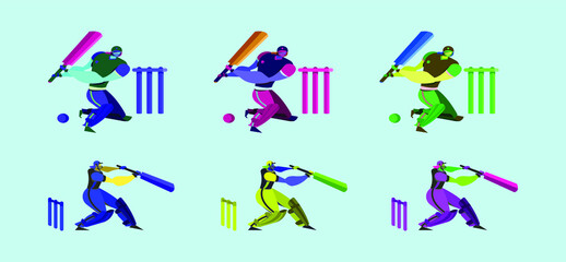 set of batsman cricket player cartoon design template with various models. vector illustration isolated on blue background