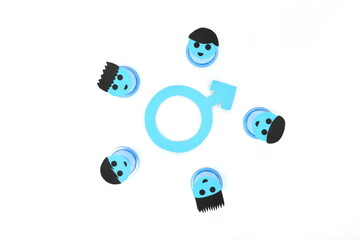 Blue male symbol with a group of men character flat lay in white background. Masculinity concept. © sulit.photos