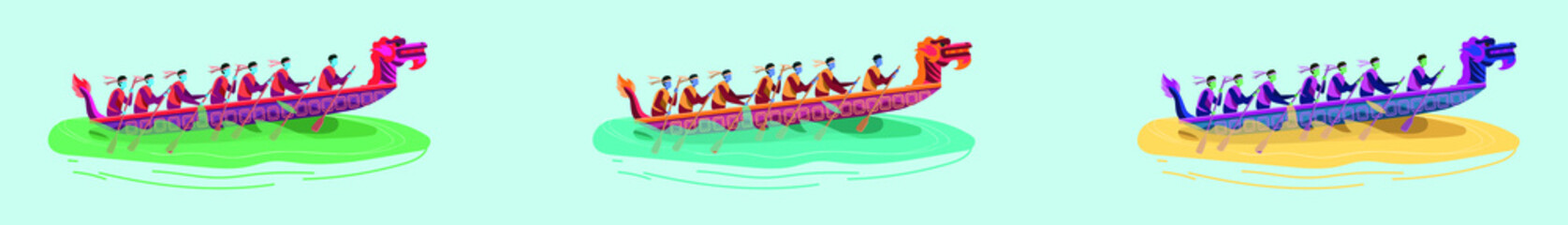 set of dragon boat racing cartoon icon design template with various models. vector illustration isolated on blue background