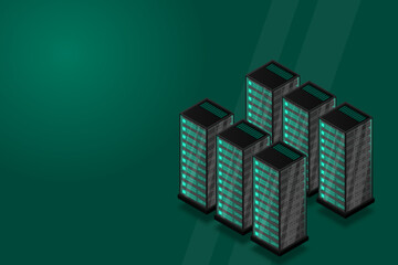 Fototapeta premium Server room isometric vector, futuristic technology of data protection and processing, networking and web hosting banner, input output data flow, vector illustration.