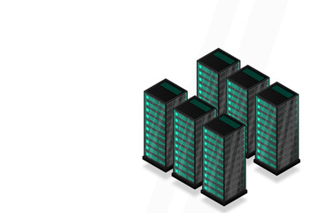 Server room isometric vector, futuristic technology of data protection and processing, networking and web hosting banner, input output data flow, vector illustration.