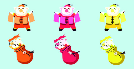 set of pig animals cartoon design template with various models for chinese new year. vector illustration isolated on blue background