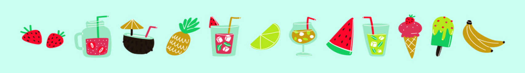 Obraz premium set of summer food cartoon icon design template with various models. fruit, ice cream and more. vector illustration isolated on blue
