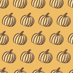 Seamless pumpkin pattern on mustard yellow background. Woodblock print look. Repeatable design in fall tones for scrapbooking, invitations, fabrics, packaging, backgrounds, & fall projects. 