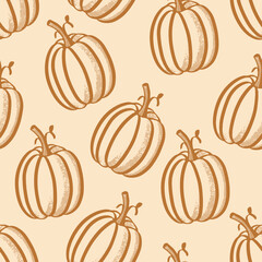 Seamless pumpkin pattern on cream/beige background. Woodblock print look. Repeatable design in autumn tones for scrapbooking, invitations, fabrics, packaging, backgrounds, & fall projects.