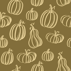 Seamless pumpkin & gourd pattern on muted green background. Woodblock print look. Repeatable design in fall tones for scrapbooking, invitations, fabrics, packaging, backgrounds, & fall projects. 