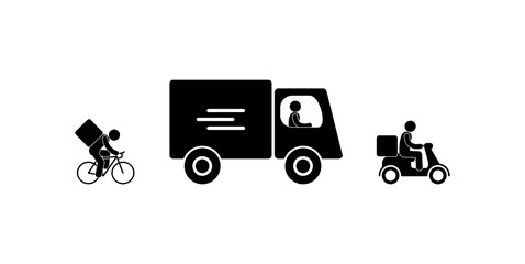 courier delivering parcels, different types of transport, delivery workers icons