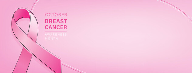 Breast cancer awareness campaign banner with pink ribbon symbol on pastel pink gradient background and space for text