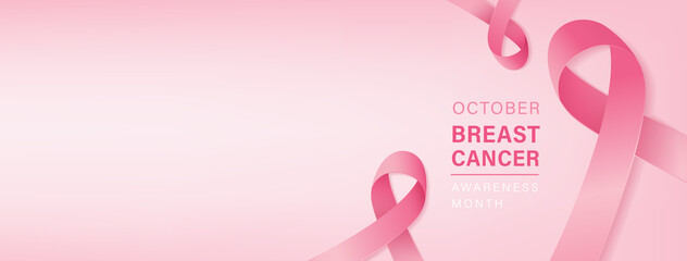 Beautiful breast cancer awareness campaign banner with pink ribbon symbols on pastel light pink background and space for text