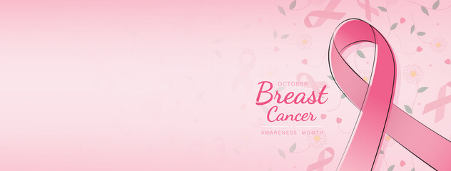 Lovely breast cancer awareness campaign banner with ribbon symbol on pink gradient  banner background and space for text