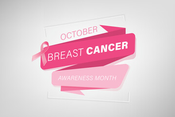 October breast cancer awareness month poster design with pink ribbon on gradient gray background