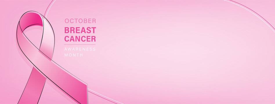 Breast cancer awareness campaign banner with pink ribbon symbol on pastel pink gradient background and space for text