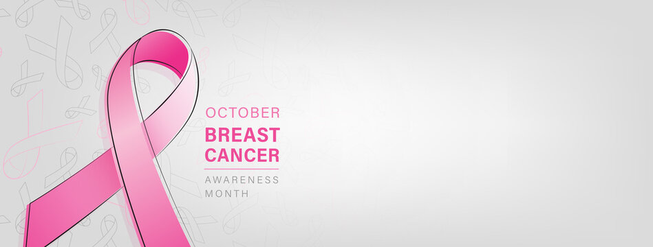 Beautiful Breast cancer awareness campaign banner with pink ribbon symbol on gray gradient background and space for text