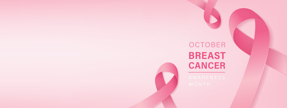 Beautiful breast cancer awareness campaign banner with pink ribbon symbols on pastel light pink background and space for text