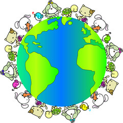 vector cartoon pets cat rabbit dog bird tortoise on earth