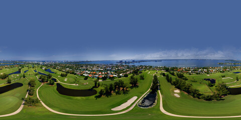 Aerial spherical panorama Miami Beach neighborhood and golf course