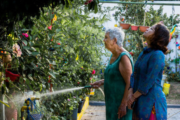 Mulher idosa contempla e cuida do seu jardim florido