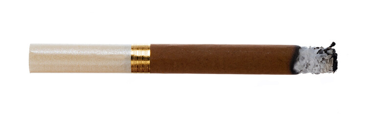 Lit brown cigarette isolated on white background