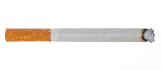 Lit cigarette isolated on white background close up