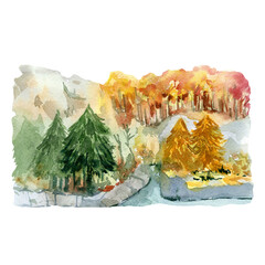 Watercolor autumn landscape, fall trees, mountain river illustration, travel illustration. Forest landscape.