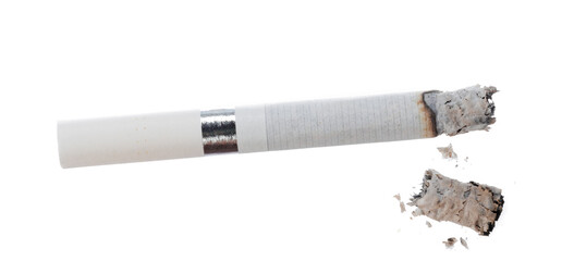 Lit cigarette isolated on white background close up