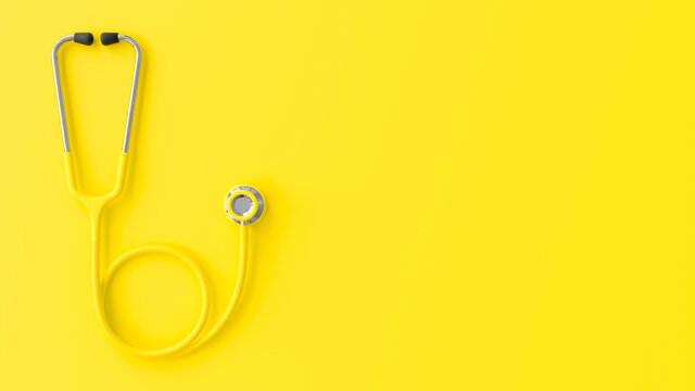 Yellow doctor stethoscope on yellow background with clipping path and copy space for your text. minimal idea concept, 3d render.