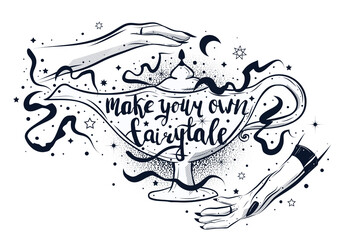 Motivational interior poster with magic lamp. Hand drawn slogan 