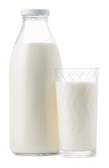 Glass bottle and cup of fresh milk isolated