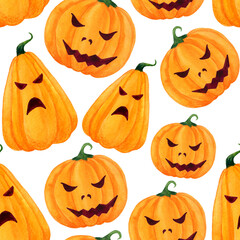 Seamless pattern orange pumpkins with faces for halloween.Watercolor, childish illustration on white background.