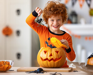 Happy redheaded boy in  costume laughs and with  spider and pumpkin Jack o lantern   during a Halloween celebration.