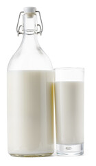 Closed glass milk bottle isolated on white background