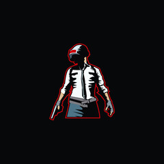 Man with gun wear helmet logo mascot in black background vector