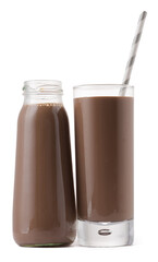 Glass cup of chocolate milk with a straw isolated on white