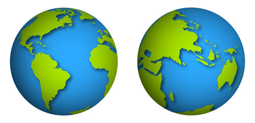 Globe, planet Earth. Realistic earth hemispheres icon in blue green color. Cartography and travel. Isolated vector on white background