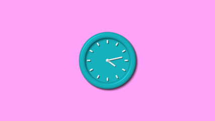 Amazing cyan color 3d wall clock isolated on pink light background,clock isolated