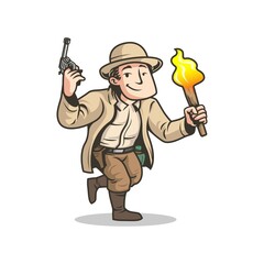 adventure man running with gun and torch . Cartoon vector isolated character.