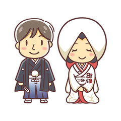 和装での結婚式のカップルのイラスト（白無垢赤ふきと袴）