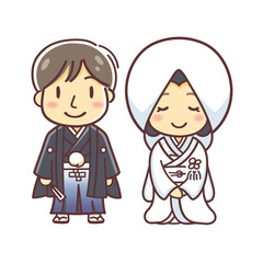 和装での結婚式のカップルのイラスト（白無垢と袴）