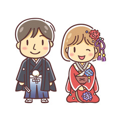 和装での結婚式のカップルのイラスト（色打掛と袴）